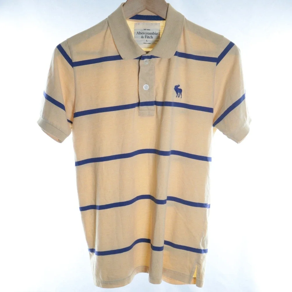 Abercrombie Polo Shirt Kids‎ Large (Men Small) Rugby Striped Moose Yellow Preppy